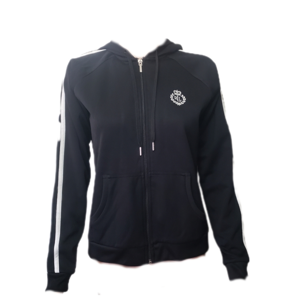 Ralph Lauren Black Zip-Up Hoodie with White Stripe Detail